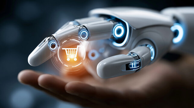 Roboterhand h&auml;lt leuchtendes Einkaufswagen-Symbol &uuml;ber Handfl&auml;che
