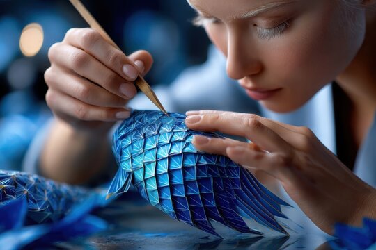 Crafting delicate blue origami fish with intricate patterns in a creative studio