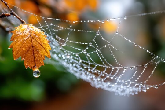 Autumn leaf and spiderweb with glistening dewdrops