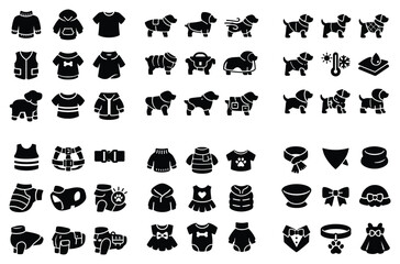 Fototapeta premium Pets and apparel vector icons with dog, sweater, and collar for pet care and accessories branding in solid silhouette style