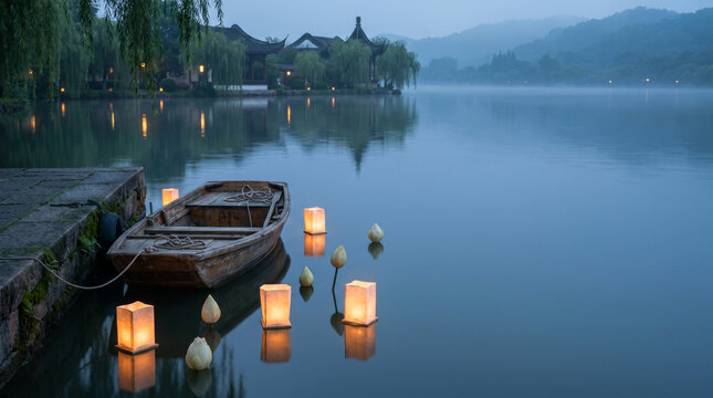 Wooden boat moored at stone dock with floating paper lanterns on calm lake at misty blue twilight