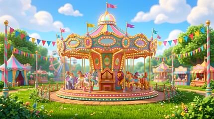 Obraz premium A vibrant and whimsical carousel ride at a summer fair, surrounded by lush greenery and colorful decorations. The carousel features intricately designed horses and is adorned with flags and lights.