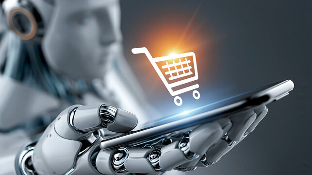 Roboterhand h&auml;lt Smartphone mit leuchtendem Warenkorb-Symbol
