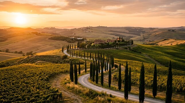 Tuscan landscape at sunset, with rolling hills, a winding road lined with cypress trees, and a villa in the distance. The warm light of the setting sun illuminates the scene.
