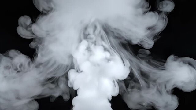 White Smoke Plume on Black Background, suitable for special effects, explosions, environment, and abstract content.