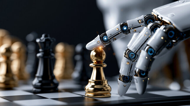 Roboterhand greift goldene Schachfigur auf dunklem Schachbrett