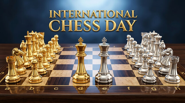 International Chess Day, chessboard, gold and silver pieces, strategy game