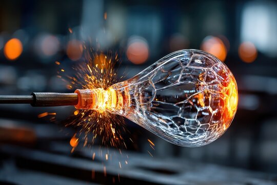 Molten glass on a rod with orange sparks and blur