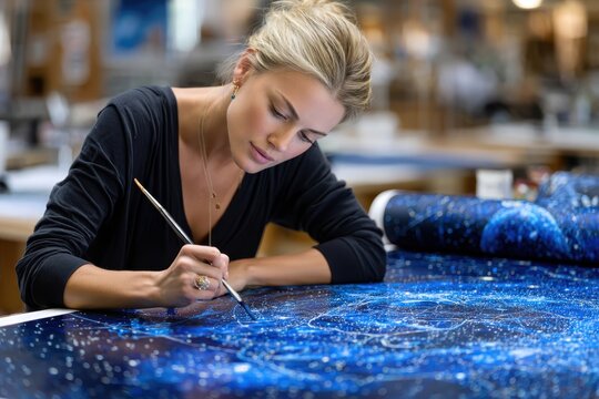 Young artist creating a starry night canvas in a bright studio space