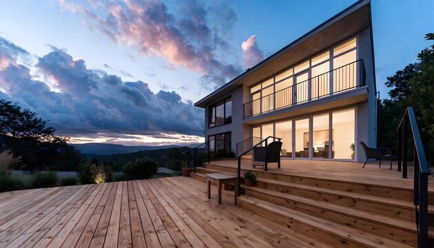 Modern house by the ocean at sunset with wooden deck