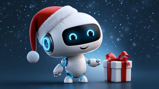 Kleiner wei&szlig;er Roboter mit roter Weihnachtsm&uuml;tze zeigt auf wei&szlig;es Geschenk