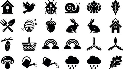 Spring nature silhouette icon set with rabbit bird snail rainbow rain cloud gardening and seasonal elements black vector collection © Shasa icon studio