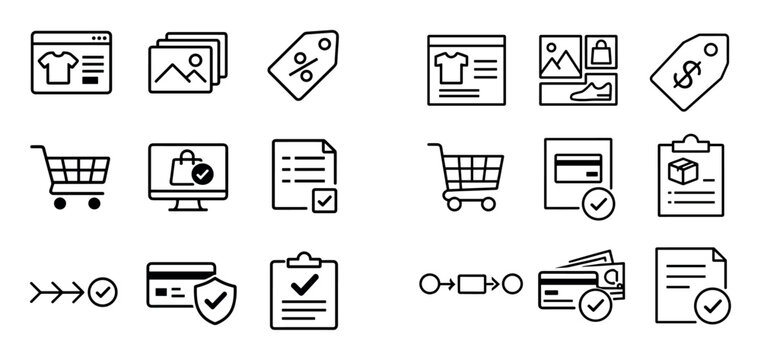 Marketplace and online shopping icon set with shopping cart checkout page and order summary for mobile interface design in monoline style