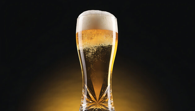 A crystal glass filled with light golden beer and a foamy head against a dark background beverage drink
