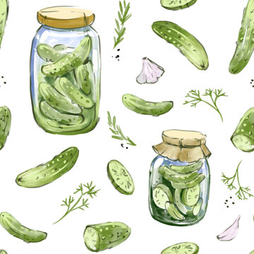 Pickles, cucumbers in jars, preserves, watercolor sketch, seamless  pattern, hand drawn.