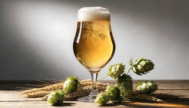 A glass of golden beer with hops and barley on a wooden table lager drink