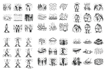 Obraz premium Rain and weather vector icons with umbrella, raindrop and walking people for mobile app design in outline style