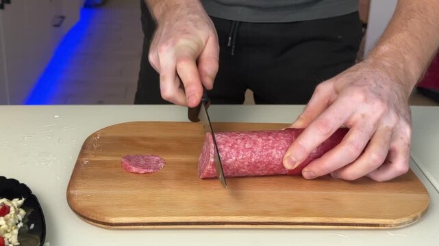 Adult hands slicing cured salami into thin rounds on wooden cutting board inside home kitchen with close detail, with hand, knife, salami, slicing detail, showing cutting, cuttingboard, meat