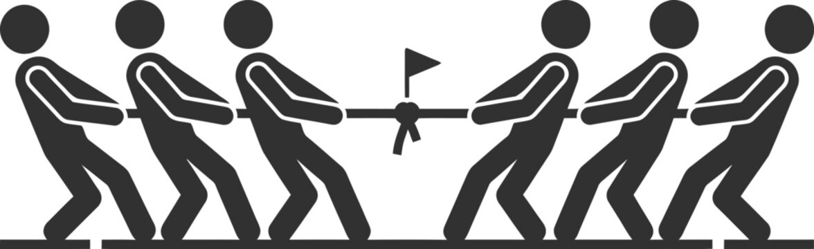 Minimalist flat vector icon representing tug of war game with stylized geometric stick figures pulling rope for Indonesia Independence Day