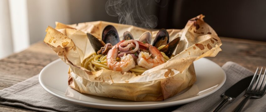 Gourmet seafood pasta dish with shrimp, mussels, squid, and clams served in parchment paper with steam rising on a rustic wooden table