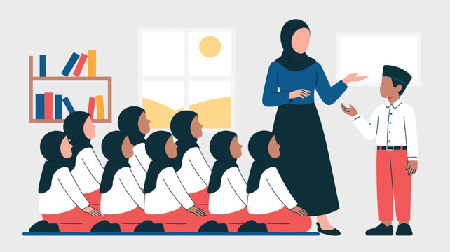 Female teacher wearing a hijab instructs a male student during a lesson with other students sitting