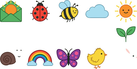 Cute spring doodle icon set with sun bee ladybug rainbow butterfly chick snail and nature elements cartoon vector illustration © Shasa icon studio