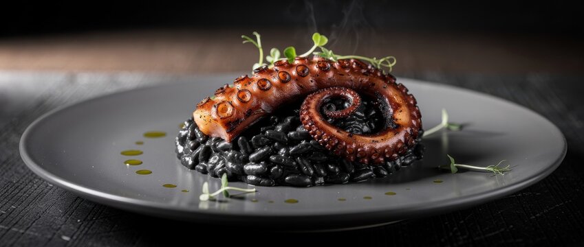 Elegant octopus dish served on black risotto in a modern restaurant setting, showcasing culinary artistry and gourmet presentation