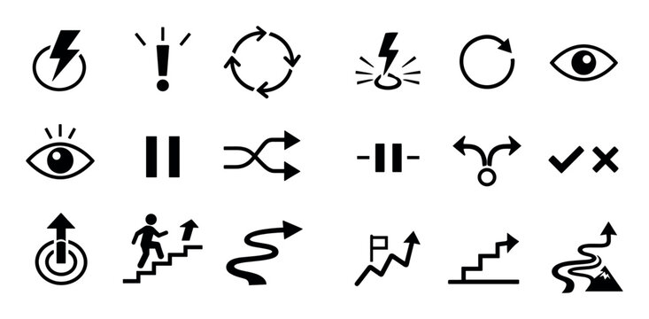 Dependency process and recovery path icon set with trigger moment response phase and decision moment for dashboard in minimal vector art