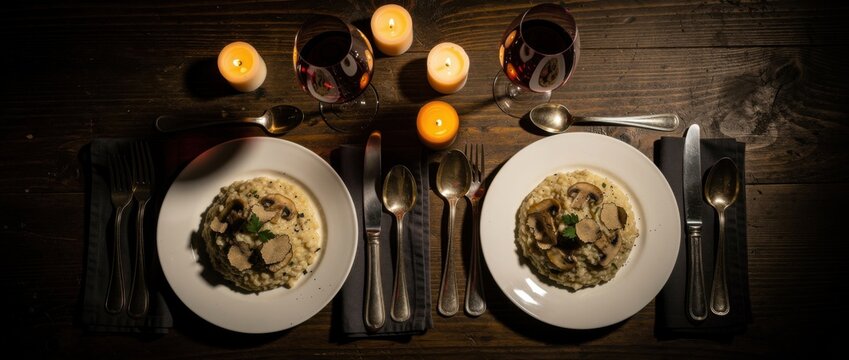 Romantic Dinner Setting with Gourmet Risotto, Candlelight, Wine Glasses, and Elegant Tableware on Rustic Wooden Table