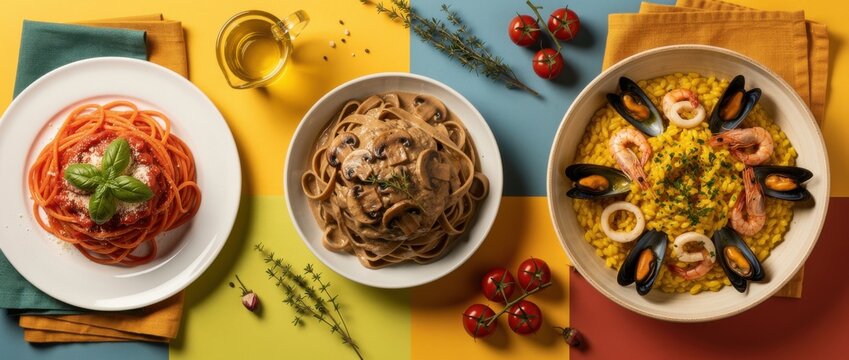 Colorful Italian Cuisine Spread with Pasta Dishes and Seafood on Vibrant Background for Culinary and Gastronomy Themes