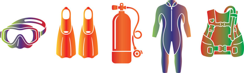 Set of scuba diving and snorkeling gear equipment icons with snorkeling underwater swimming equipment © manosh