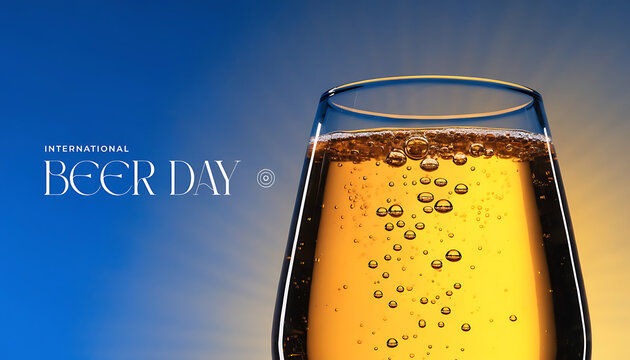 International Beer Day text with a glass of beer against a blue and yellow gradient background lager