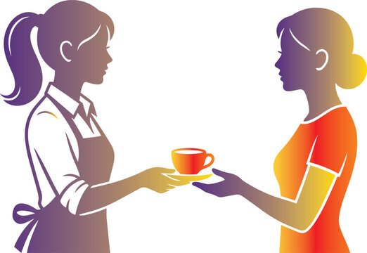 Coffee shop service scene with waitress serving customer waitress customer beverage handover