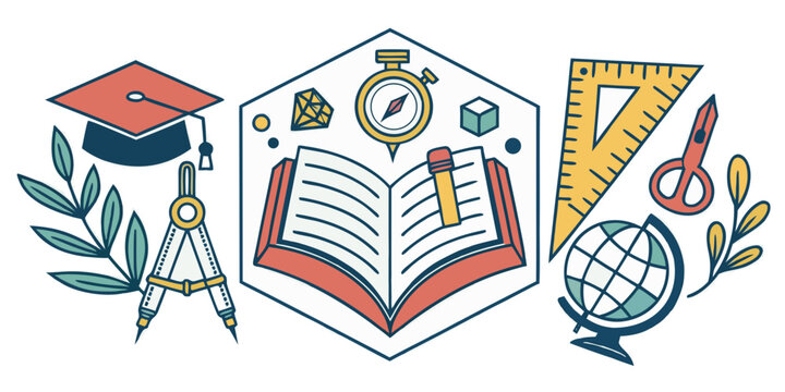 Illustration of education and learning with graduation cap compass book protractor scissors globe compass tool world globe learning tools study materials school supplies academic tools learning