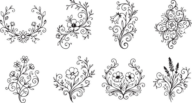 Hand drawn decorative floral ornaments set with elegant baroque scrolls and wreaths vector