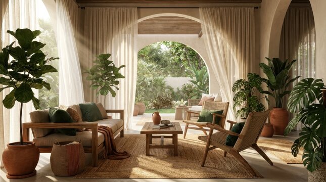 Modern tropical living room with abundant natural light and lush greenery indoors