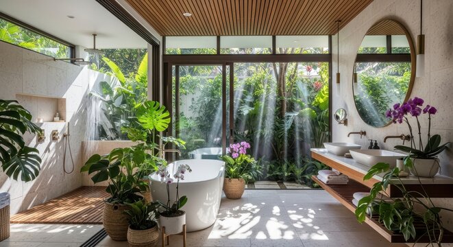 Modern tropical bathroom with lush plants and natural light streaming through windows