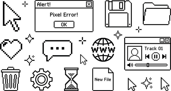 Retro pixel interface icon set with cursor error window media player folder and desktop symbols in monochrome vector illustration
