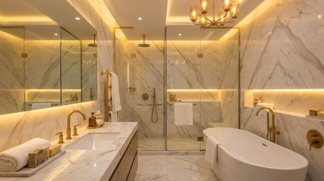 Luxurious modern bathroom with marble, gold fixtures, and ambient lighting