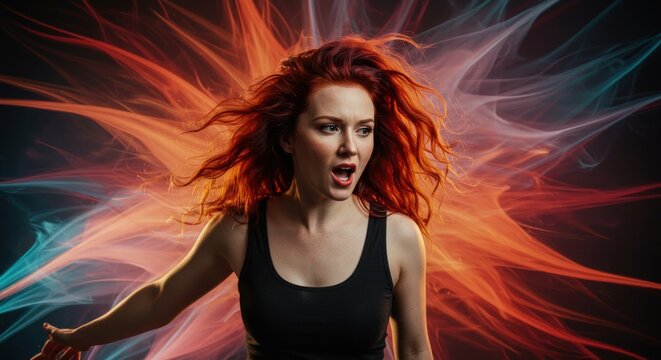 Angry redhead woman with flowing hair.