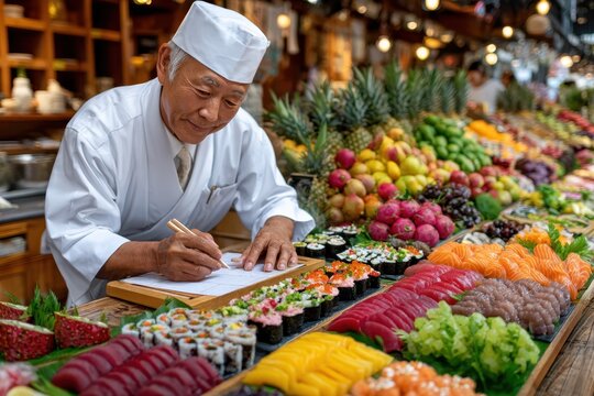 Chef preparing sushi at a vibrant outdoor market in Japan during the afternoon