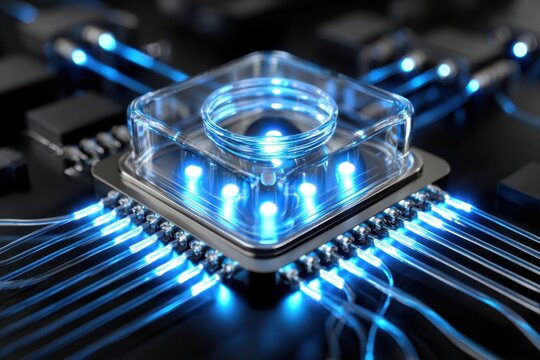 Futuristic CPU with Glowing Blue Lights and Cables
