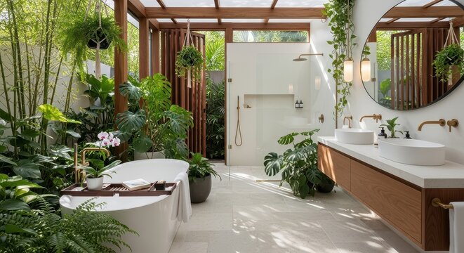 Luxurious tropical bathroom with abundant plants, bathtub, and double vanity sinks