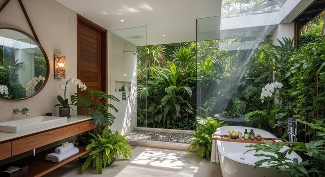 Luxurious tropical bathroom with lush green plants, a freestanding bathtub, and a modern vanity