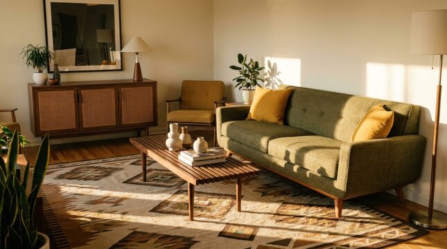 Mid-century modern living room with green sofa and wooden furniture bathed in sunlight