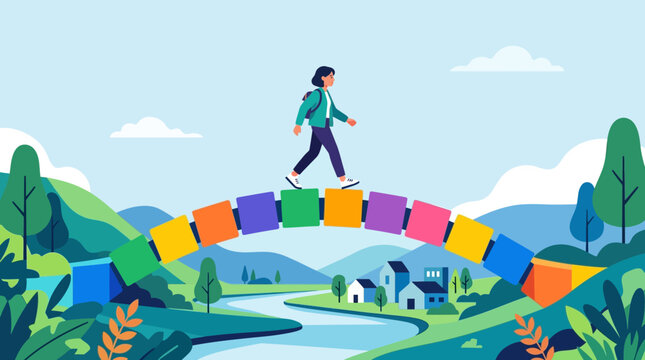 Woman walking across a colorful block bridge over a valley landscape. Concept of career progress, life transition, and journey to success.