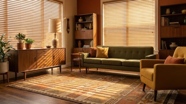 Mid-century modern living room with vintage furniture and warm natural light streaming through