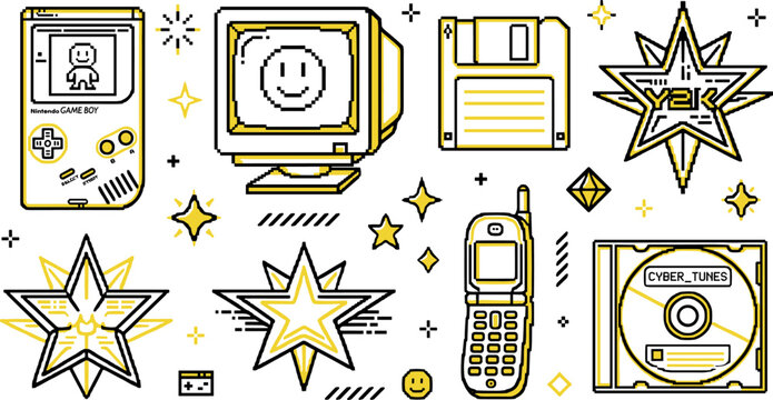 Retro Y2K tech icon collection with vintage computer mobile phone floppy disk gaming console and cyber aesthetic vector illustration