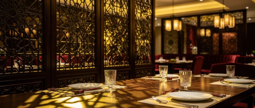 Elegant and Cozy Restaurant Interior with Intricate Wooden Partition and Ambient Lighting Creating a Warm Atmosphere for Dining Experiences