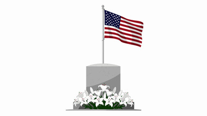Naklejka premium American flag waving over memorial stone with white lilies